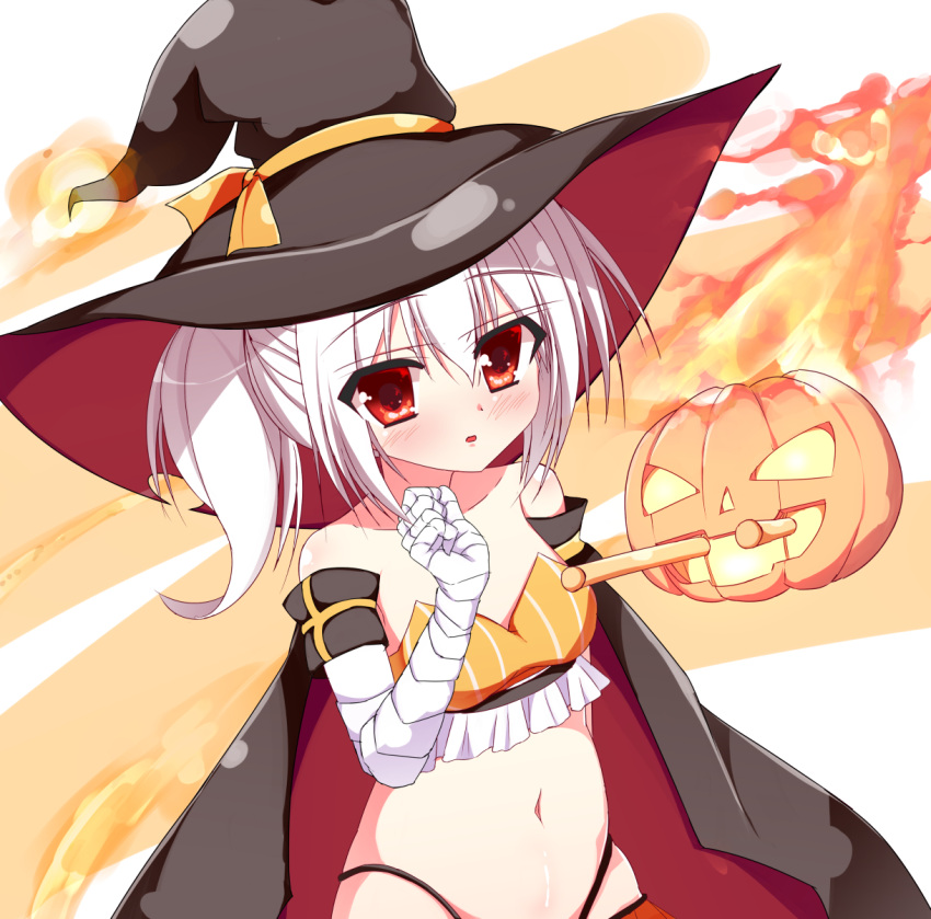 1girl ayanami_(azur_lane) azur_lane bandage bandaged_arm bandages bangs bare_shoulders black_hat black_panties blush brown_cape cannon cape collarbone commentary_request eyebrows_visible_through_hair fire glowing hair_between_eyes halloween hand_up hat highleg highleg_panties highres jack-o'-lantern kuro75268 long_hair looking_at_viewer multicolored multicolored_cape multicolored_clothes navel panties parted_lips red_cape red_eyes side_ponytail sidelocks solo underwear witch_hat