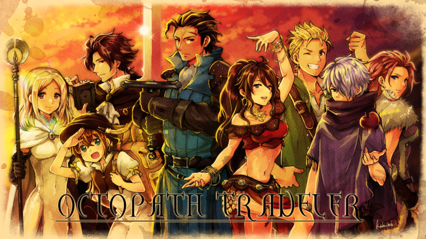 4boys 4girls alfyn_(octopath_traveler) apple backpack bag book copyright_name cyrus_(octopath_traveler) food forehead_scar fruit gloves h'aanit_(octopath_traveler) hat hat_feather jewelry midriff multiple_boys multiple_girls octopath_traveler olberic_eisenberg one_eye_closed ophilia_(octopath_traveler) poncho ponytail primrose_azelhart signature staff sunset sword therion_(octopath_traveler) tressa_(octopath_traveler) weapon