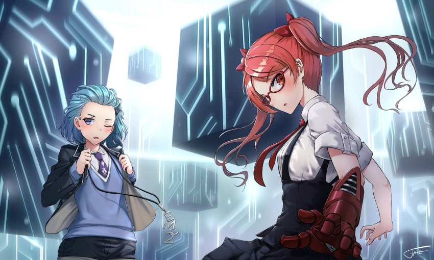 2girls adjusting_clothes bangs benghuai_xueyuan black_dress blazer blue_cardigan blue_eyes blue_hair blush breasts brown_eyes cardigan collared_shirt dress einstein_(honkai_impact) ekusufeito eyebrows_visible_through_hair floating floating_hair floating_object gauntlets glasses hair_between_eyes hair_ornament hair_ribbon hair_slicked_back hairclip honkai_impact jacket jewelry long_hair long_sleeves looking_at_viewer looking_back multiple_girls necklace necktie nikola_tesla_(honkai_impact) one_eye_closed open_blazer open_clothes open_jacket open_mouth pendant pinafore_dress purple_neckwear red-framed_eyewear red_ribbon redhead ribbon shirt short_hair short_shorts shorts sidelocks signature sleeve_cuffs small_breasts twintails white_shirt