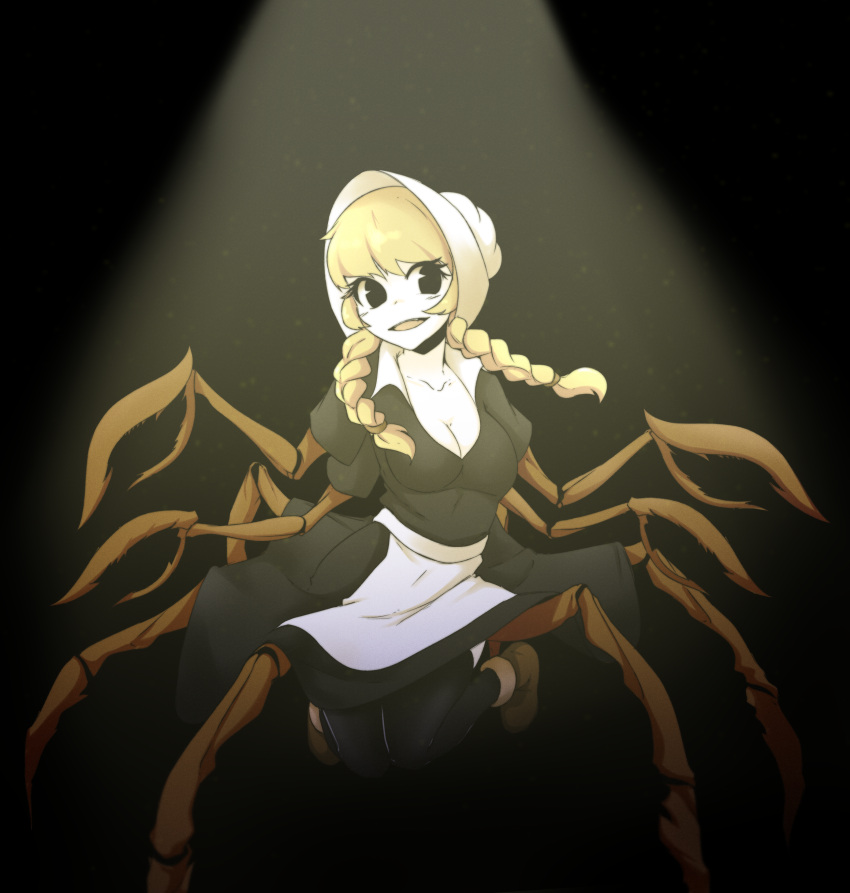 1girl absurdres apron black_eyes blonde_hair breasts cliffside collarbone commentary_request cordie deredereday full_body highres insect_girl looking_at_viewer maid maid_apron medium_hair monster_girl open_mouth russian_commentary solo spider_girl