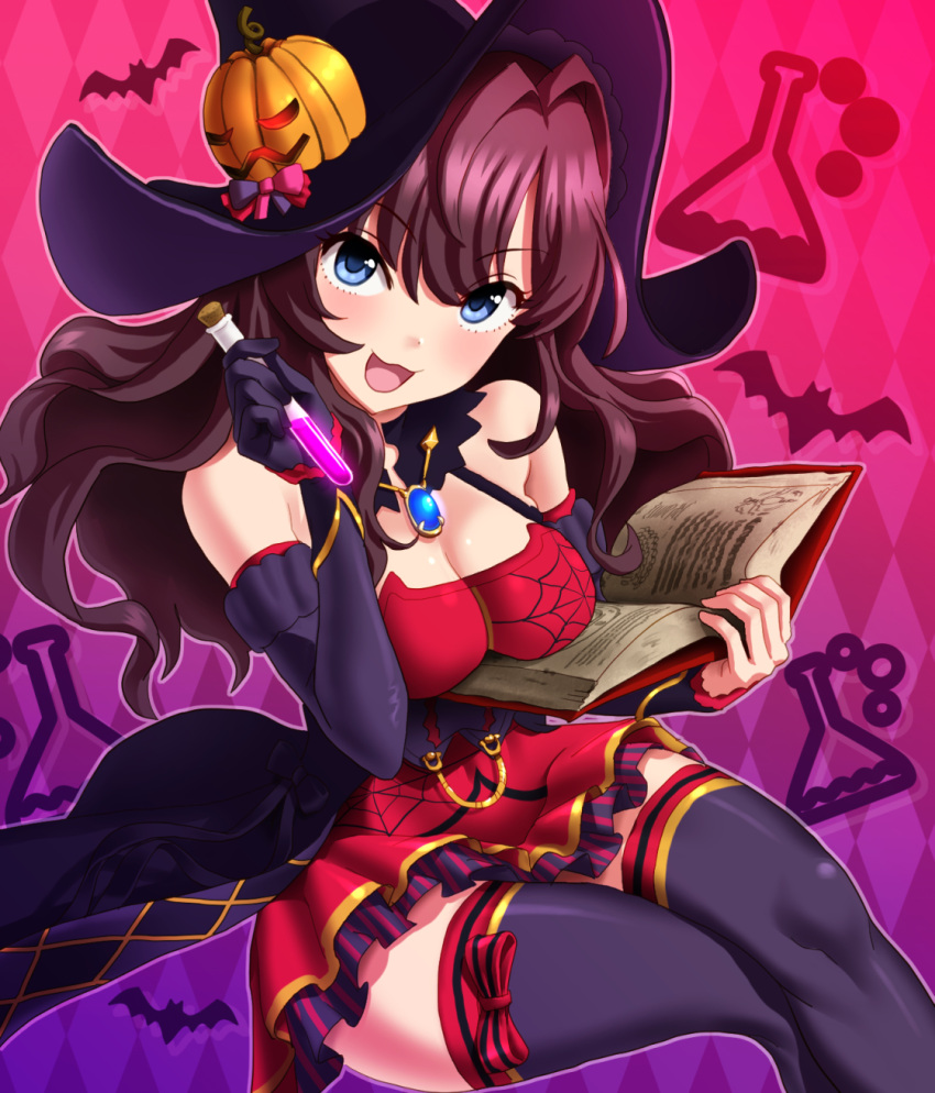 1girl :3 :d argyle argyle_background bangs bare_shoulders black_gloves black_legwear blue_eyes blush book bow bow_legwear breasts brooch brown_hair cleavage commentary_request dress elbow_gloves eyebrows_visible_through_hair gloves hair_between_eyes halloween halloween_costume hat highres ichinose_shiki idolmaster idolmaster_cinderella_girls jack-o'-lantern jewelry kezune_(i-_-i) large_breasts legs_crossed long_hair looking_at_viewer open_mouth red_dress smile solo spider_web_print test_tube thigh-highs wavy_hair witch_hat