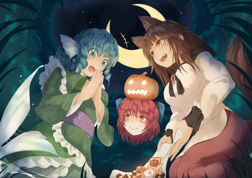 +++ 3girls :d animal_ears bat blue_eyes blue_hair bow breasts brooch brown_hair checkerboard_cookie commentary_request cookie crescent_moon disembodied_head dress drill_hair eyes_visible_through_hair fang fisheye food forest from_below ghost grass grass_root_youkai_network green_kimono hair_bow hands_together happy head_fins imaizumi_kagerou jack-o'-lantern japanese_clothes jewelry kagami_toufu kimono large_breasts layered_dress long_hair long_sleeves looking_at_another looking_down mermaid monster_girl moon multiple_girls napkin nature night obi object_on_head open_mouth orange_eyes outdoors red_skirt redhead sash seiza sekibanki short_hair short_kimono sitting skirt smile star_(sky) tail touhou upper_teeth wakasagihime wolf_ears wolf_tail