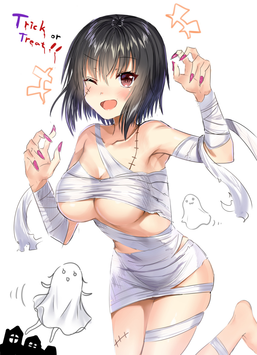 +++ 1girl :3 ;d aldehyde arm_up armpits bandage bandaged_arm bandages bangs bare_shoulders barefoot black_hair breasts collarbone commentary_request eyebrows_visible_through_hair facial_scar fingernails ghost hair_between_eyes halloween highres imoko_(neeko's_sister) leaning_forward lipstick long_fingernails makeup medium_breasts nail_polish naked_bandage one_eye_closed open_mouth original pink_lips pink_nails red_eyes scar scar_on_cheek short_hair simple_background skindentation smile solo standing standing_on_one_leg trick_or_treat under_boob white_background