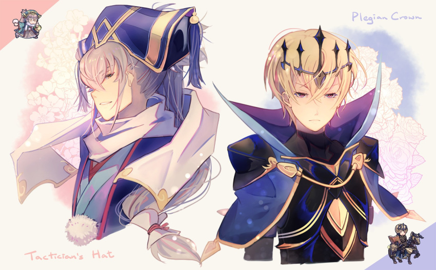 2boys armor blonde_hair chibi crown european_clothes fire_emblem fire_emblem_heroes fire_emblem_if hat highres japanese_clothes kariya_(mizore) leon_(fire_emblem_if) looking_at_viewer multiple_boys nintendo ponytail portrait purple_hair scarf takumi_(fire_emblem_if) white_hair