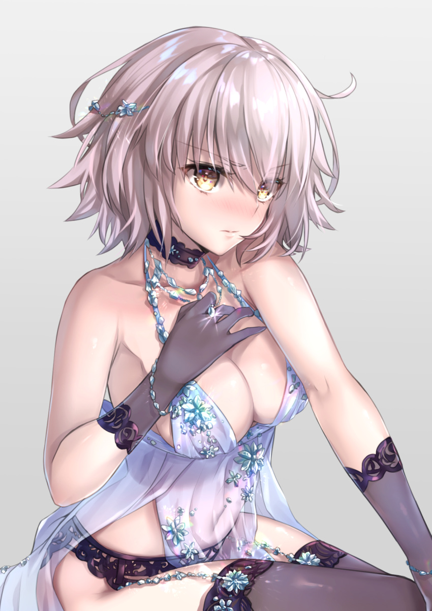 1girl alexandrite artoria_pendragon_(all) artoria_pendragon_(lancer_alter) artoria_pendragon_(lancer_alter)_(cosplay) babydoll bangs bare_shoulders blue_babydoll blue_lingerie blush bottomless bracelet breasts choker cleavage collarbone cosplay eyebrows_visible_through_hair fate/apocrypha fate/grand_order fate_(series) garter_belt garter_straps gloves hand_on_own_knee hane_yuki highres jeanne_d'arc_(alter)_(fate) jeanne_d'arc_(fate)_(all) jewelry large_breasts lingerie looking_at_viewer navel necklace no_panties purple_gloves purple_legwear royal_icing see-through short_hair silver_eyebrows silver_hair sitting solo stomach thigh-highs thighs yellow_eyes