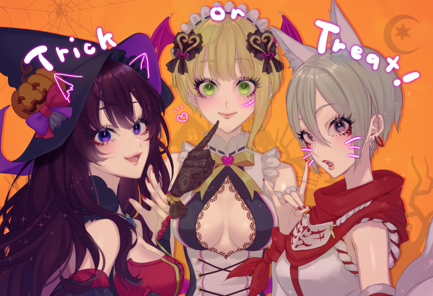 3girls animal_ears bangs bare_shoulders black_eyes black_gloves blonde_hair blue_eyes blush bow breasts brooch brown_eyes brown_hair cleavage closed_mouth commentary_request detached_sleeves earrings eyebrows_visible_through_hair floral_print fox_ears fox_shadow_puppet fox_tail frilled_sleeves frills gloves green_eyes grey_hair hair_between_eyes halloween halloween_costume hat highres ichinose_shiki idolmaster idolmaster_cinderella_girls jack-o'-lantern japanese_clothes jewelry lace_trim lips long_hair looking_at_viewer maid_headdress medium_breasts miyamoto_frederica multiple_girls nail_polish ohagi_(ymnky) open_mouth red_nails shiomi_shuuko short_hair simple_background smile tail upper_body wavy_hair witch_hat