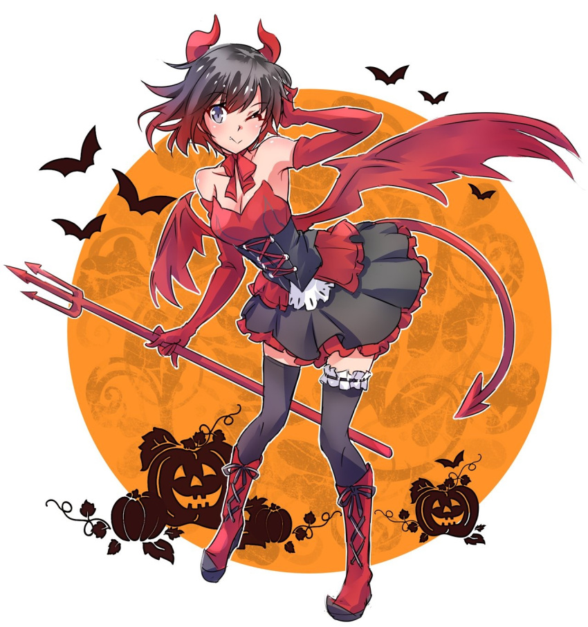 1girl bat black_hair gradient_hair grey_eyes halloween highres horns iesupa multicolored_hair polearm redhead ruby_rose rwby short_hair solo thigh-highs trident two-tone_hair weapon wings