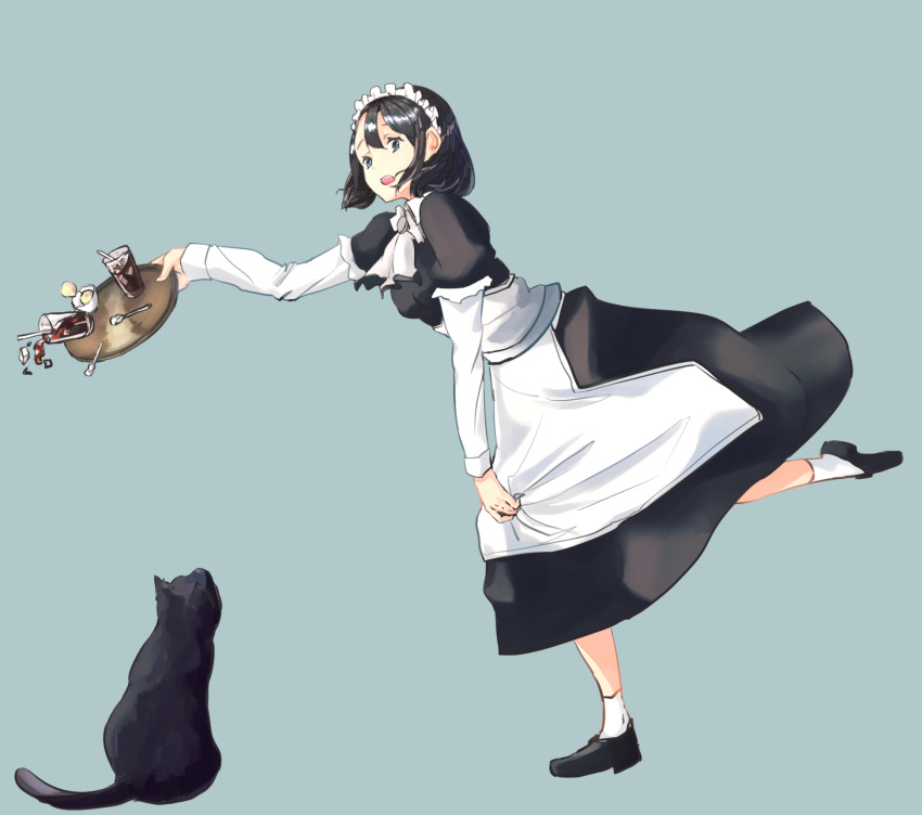 1girl black_hair cat commentary_request cup drinking_glass drinking_straw hennekobakatesu highres ice ice_cube looking_at_viewer maid maid_headdress original short_hair simple_background skirt_hold spilling tray tripping