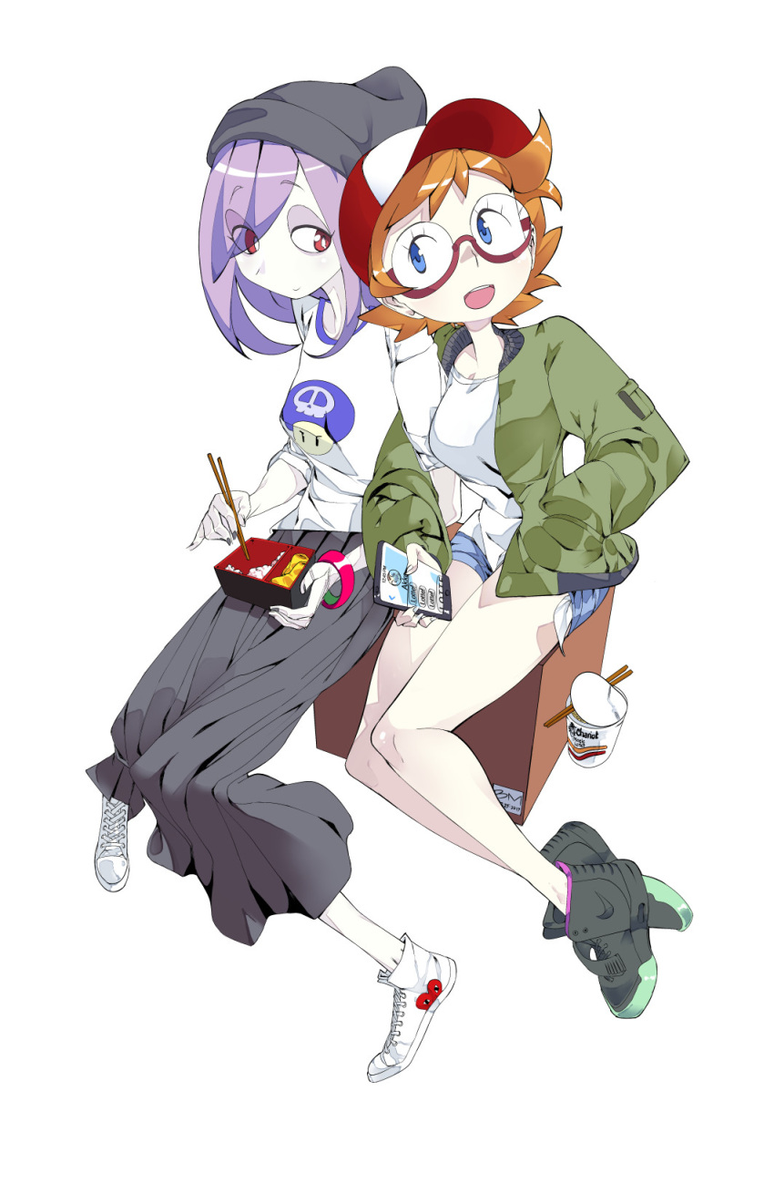 2girls :d baseball_cap bearthemighty black_footwear black_hat black_skirt blue_eyes bracelet casual cel_shading cellphone chopsticks contemporary dated denim denim_shorts eyes_visible_through_hair green_jacket grey_nails hand_in_pocket hat highres instant_ramen jacket jewelry little_witch_academia looking_at_another lotte_jansson multiple_girls nail_polish obentou on_box open_mouth orange_hair phone purple_hair red_eyes shirt shoes shorts sitting skirt smile sneakers sucy_manbavaran t-shirt white_background white_footwear white_shirt