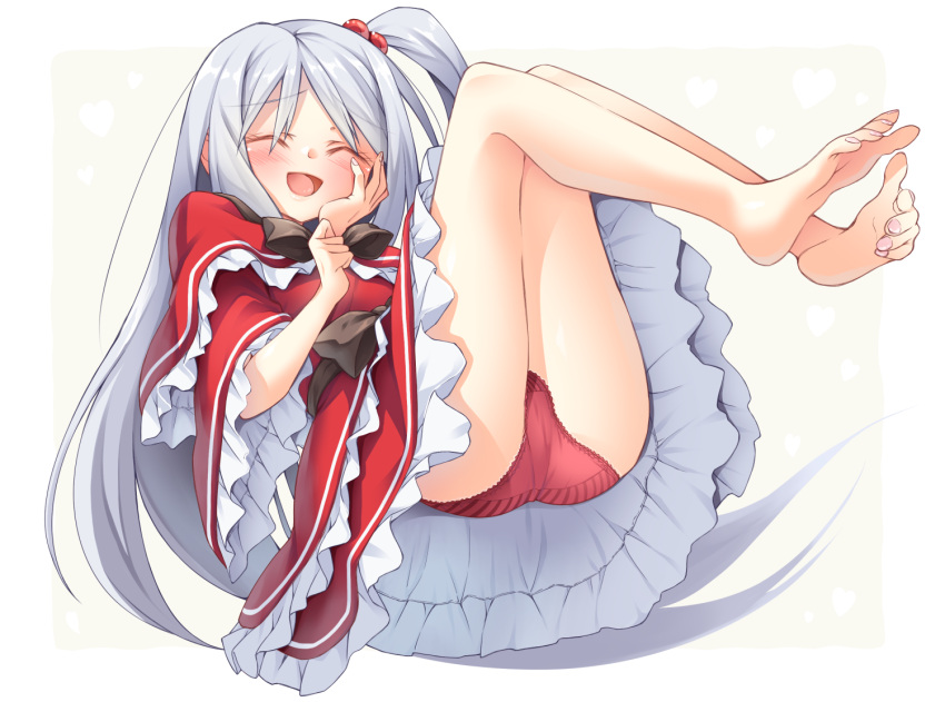 1girl ^_^ barefoot blush closed_eyes closed_eyes commentary_request dress hair_bobbles hair_ornament hand_on_own_cheek ina_(inadahime) lace lace-trimmed_panties long_hair open_mouth panties red_dress red_panties shinki silver_hair solo striped striped_panties touhou underwear very_long_hair