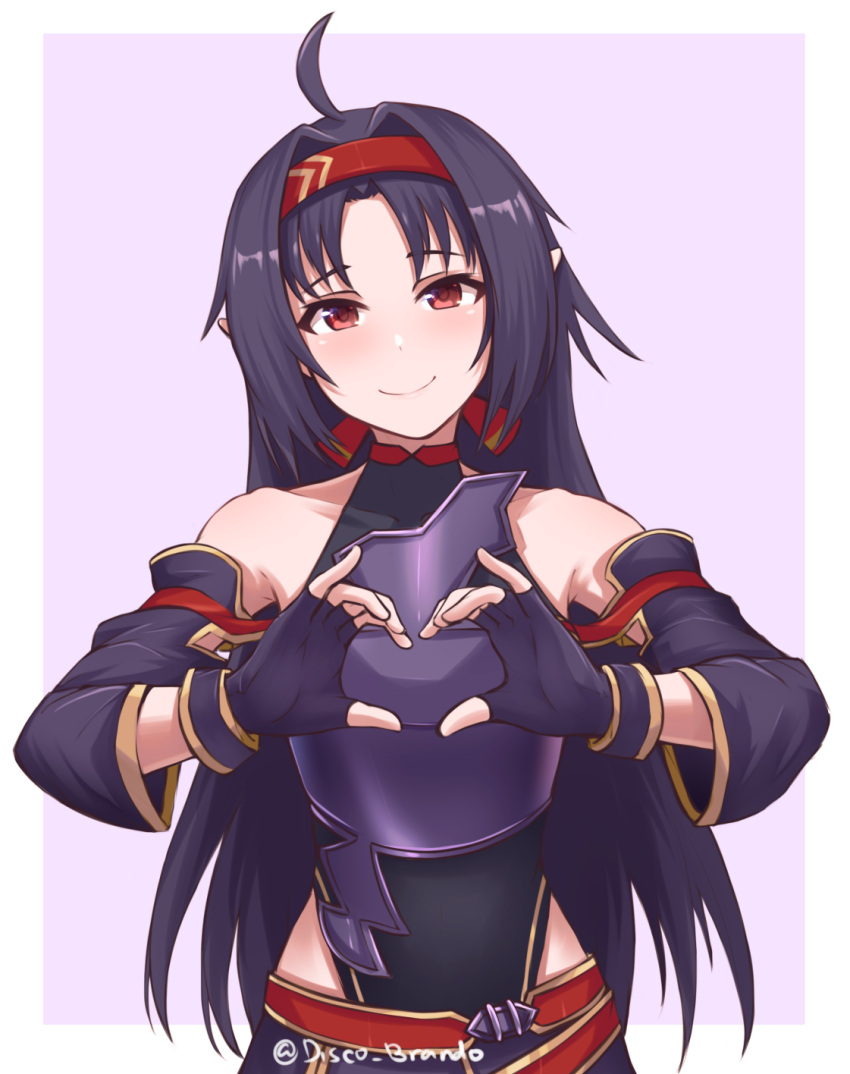 1girl ahoge armor artist_name bare_shoulders black_gloves black_hair brown_eyes collarbone covered_collarbone detached_sleeves disco_brando fingerless_gloves gloves hairband head_tilt heart heart_hands highres long_hair looking_at_viewer pointy_ears red_hairband simple_background smile solo sword_art_online twitter_username upper_body very_long_hair yuuki_(sao)