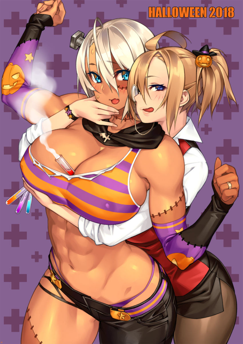 2018 23_(real_xxiii) 2girls :p abs ahoge ahoge_girl_(23) asymmetrical_clothes bare_shoulders belt between_breasts blonde_hair blue_eyes blush breasts cleavage commentary crop_top dark-skinned_girl_(23) dark_skin detached_sleeves eyebrows_visible_through_hair flask halloween_costume hand_on_another's_chin highres hug hug_from_behind jewelry large_breasts looking_at_viewer monocle multiple_girls muscle muscular_female navel open_mouth original ponytail ring short_hair simple_background single_pantsleg smoke stitches stomach tank_top toned tongue tongue_out violet_eyes wedding_band white_hair wristband