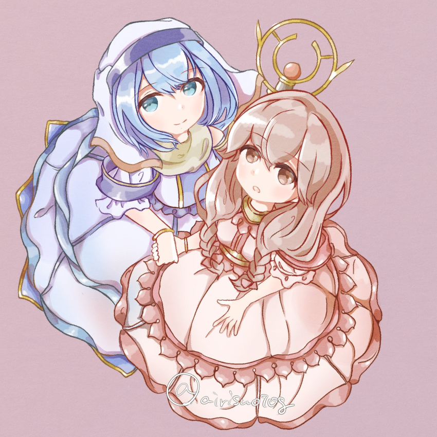 2girls airisuotog blue_eyes blue_hair bowl_cut brown_eyes brown_hair chibi dress fire_emblem fire_emblem_echoes:_mou_hitori_no_eiyuuou hand_holding headdress highres holding long_hair looking_at_viewer mae_(fire_emblem) multiple_girls nintendo silk_(fire_emblem) simple_background smile staff