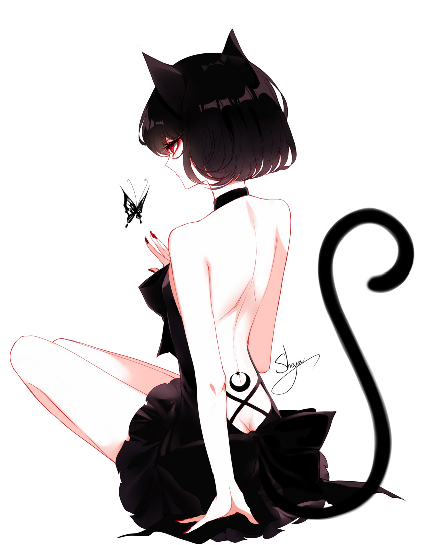 1girl absurdres animal_ear_fluff animal_ears arm_support artist_name back_tattoo backless_dress backless_outfit bare_arms bare_back bare_shoulders black_choker black_dress black_hair bug butt_crack butterfly cat_ears cat_tail chinese_commentary choker commentary_request crescent_tattoo dress eyelashes from_behind hand_up highres insect nail_polish original red_eyes red_nails sheya short_hair signature simple_background sitting solo strapless strapless_dress tail tattoo thighs white_background