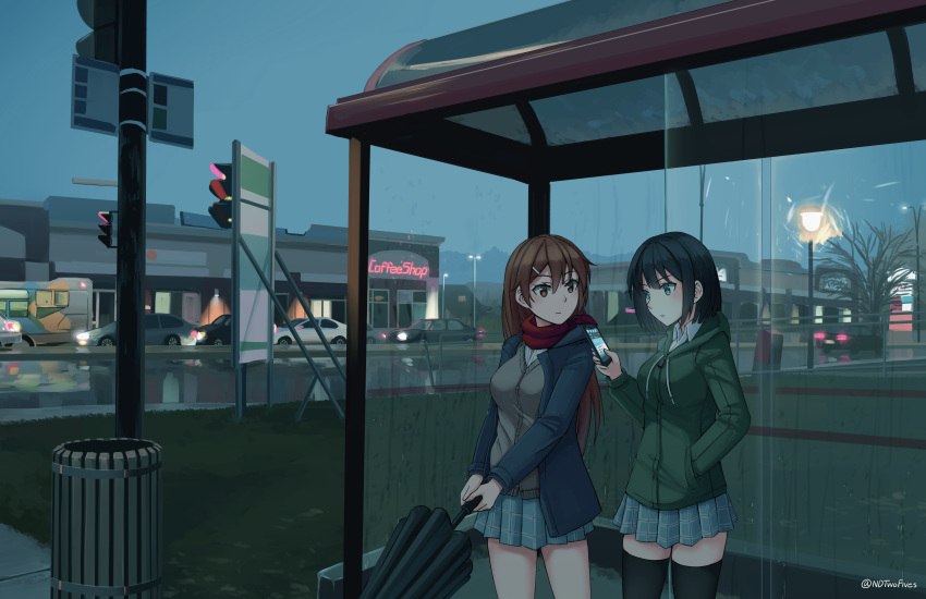 2girls aqua_eyes artist_name bangs bare_tree black_hair black_legwear blue_jacket blue_skirt blue_sky breasts brown_eyes brown_hair building bus cafe car cardigan cellphone closed_mouth collared_shirt grass green_jacket ground_vehicle hair_between_eyes hair_ornament hairclip hand_in_pocket hand_up highres holding holding_phone holding_umbrella hood hood_down hooded_jacket jacket lamppost large_breasts long_hair long_sleeves looking_at_another miniskirt motor_vehicle multiple_girls ndtwofives neon_lights original outdoors parted_lips phone plaid plaid_skirt pleated_skirt red_scarf road scarf scenery shirt short_hair sidelocks sign skirt sky smartphone standing street thigh-highs traffic_light trash_can tree twilight twitter_username umbrella water wet white_shirt zettai_ryouiki