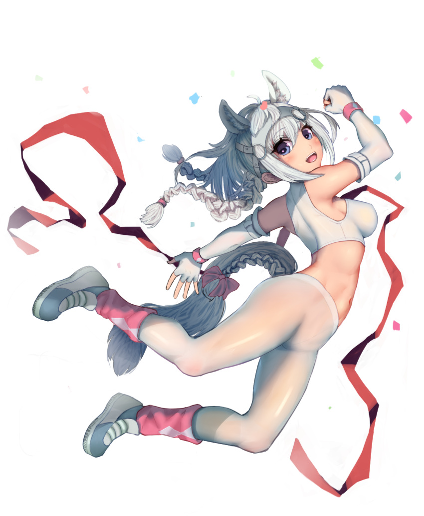 1girl animal_ears bare_shoulders blue_eyes breasts confetti crotch_seam elbow_gloves fingerless_gloves gloves highres horse_ears horse_tail kemono_friends long_hair looking_at_viewer midriff navel pantyhose pochif shoes silver_hair simple_background smile sneakers solo tail thighs white_background white_gloves white_legwear white_thoroughbred_(kemono_friends)