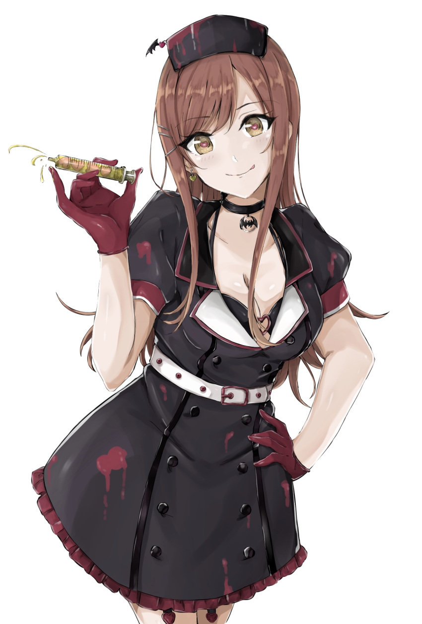1girl :p alternate_color bangs belt black_bra black_dress blood bloody_clothes bra breasts brown_eyes brown_hair choker cleavage collarbone dress duffy frilled_dress frills gloves halloween halloween_costume hand_on_hip hat head_tilt highres holding idolmaster idolmaster_shiny_colors leaning_forward long_hair medium_breasts nurse_cap oosaki_amana red_gloves short_dress short_sleeves smile solo standing swept_bangs tongue tongue_out underwear