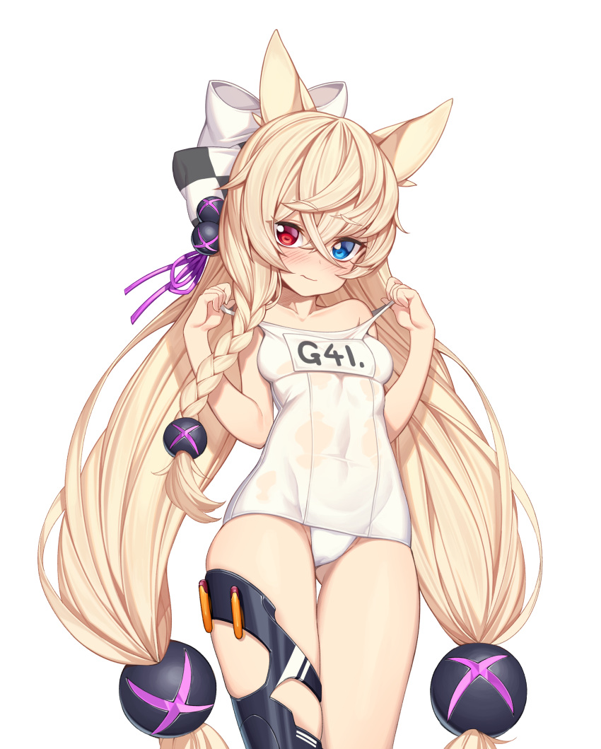 1girl absurdres animal_ears bangs bare_arms bare_shoulders blonde_hair blue_eyes blush bow braid cat_ears closed_mouth collarbone commentary_request covered_navel cowboy_shot eyebrows_visible_through_hair g41_(girls_frontline) girls_frontline hair_between_eyes hair_bow hair_ornament hands_up head_tilt heterochromia highres long_hair looking_at_viewer low-tied_long_hair mokew old_school_swimsuit pulled_by_self red_eyes school_swimsuit side_braid simple_background single_braid solo strap_pull swimsuit thick_eyebrows very_long_hair white_background white_bow white_school_swimsuit white_swimsuit