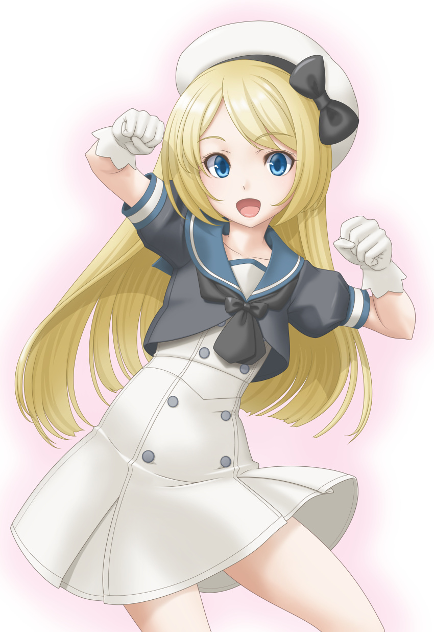 blonde_hair blue_eyes blue_sailor_collar clenched_hand commentary_request dress gloves gradient gradient_background hat highres jervis_(kantai_collection) kantai_collection looking_at_viewer open_mouth sailor_collar sailor_dress sailor_hat short_sleeves smile t2r white_background white_dress white_gloves white_hat