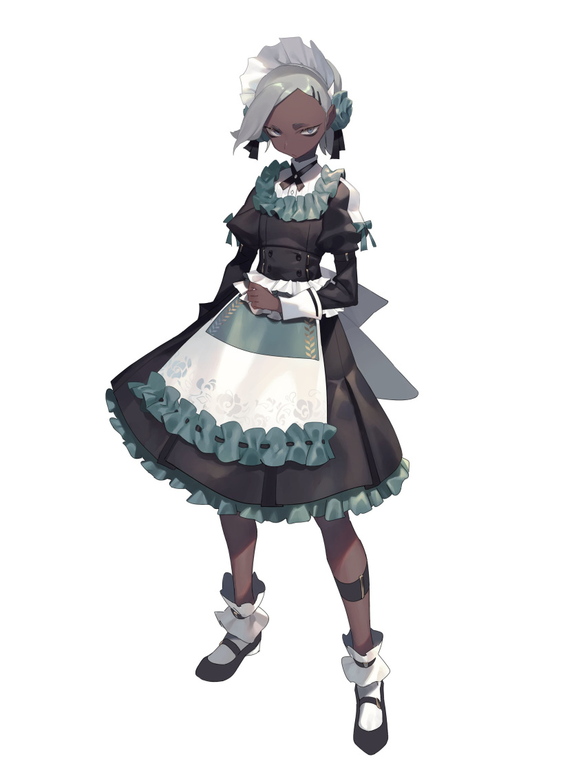 1girl absurdres amrkdrw apron aqua_bow aqua_flower black_dress black_footwear blue_eyes bow closed_mouth dark_skin dress flower grey_hair hair_flower hair_ornament hairclip highres juliet_sleeves legs_apart long_sleeves maid_headdress original puffy_sleeves ribbon-trimmed_apron ribbon_trim shoes short_hair socks solo standing waist_apron white_apron white_legwear