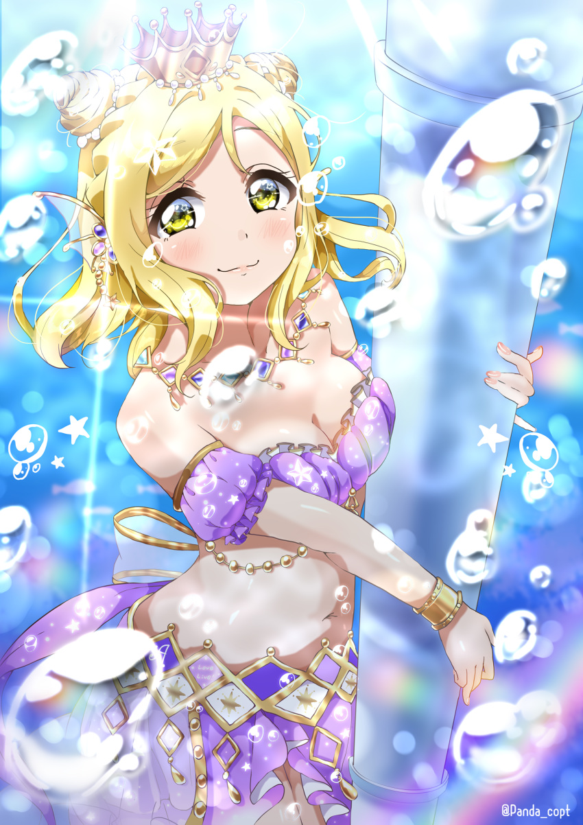 1girl arm_strap blonde_hair blush breasts bubble cleavage collarbone cowboy_shot crown floating_hair highres holding jewelry long_hair looking_at_viewer love_live! love_live!_sunshine!! medium_breasts midriff mini_crown miniskirt navel necklace ohara_mari panda_copt purple_skirt skirt smile solo stomach strapless underwear wrist_cuffs yellow_eyes