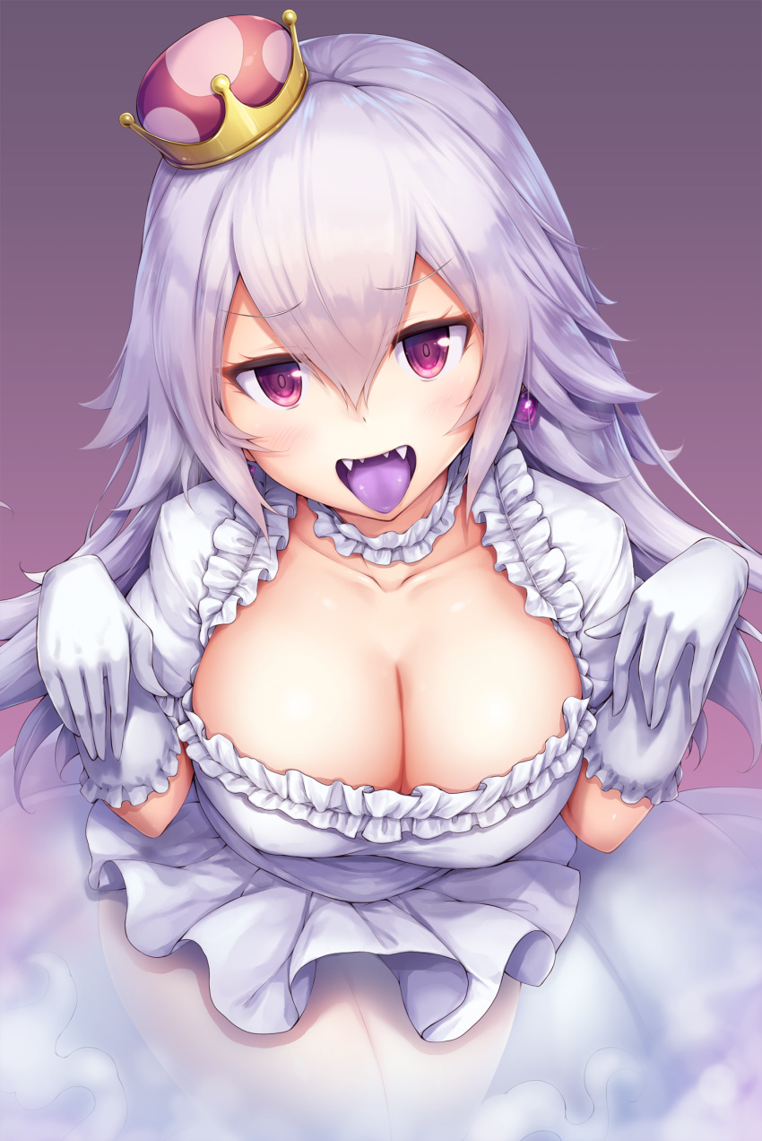 1girl breasts cleavage detached_collar dress eyebrows_visible_through_hair fangs frilled_dress frills gloves gradient gradient_background hair_between_eyes hands_up highres large_breasts looking_at_viewer super_mario_bros. nintendo open_mouth pink_eyes princess_king_boo purple_background purple_tongue see-through silver_hair smile snowcanvas solo super_crown super_mario_bros. tongue tongue_out upper_body white_dress white_gloves
