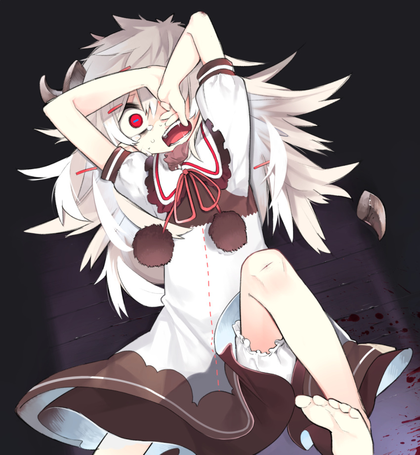 1girl aki_maki_yuu barefoot blood bloomers broken_horn covering_one_eye crying crying_with_eyes_open dress hair_ornament hairclip highres horns long_hair looking_at_viewer lying on_back open_mouth original pom_pom_(clothes) puffy_short_sleeves puffy_sleeves red_eyes red_ribbon ribbon saliva saliva_trail scared sheep_girl sheep_horns short_sleeves solo tears teeth underwear white_dress white_hair wooden_floor