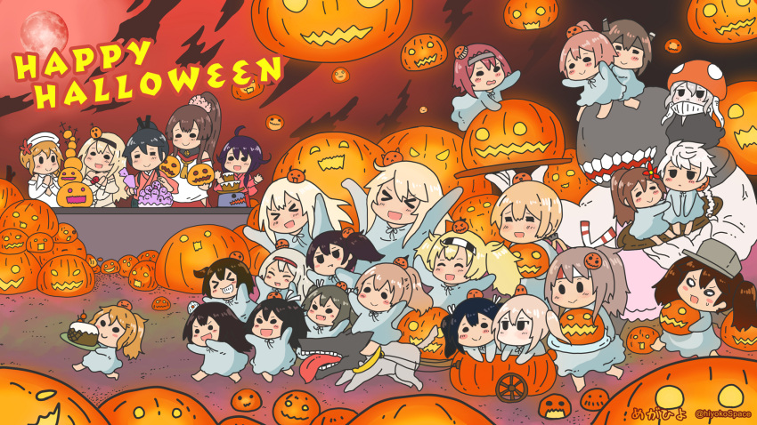 6+girls akagi_(kantai_collection) amagi_(kantai_collection) aquila_(kantai_collection) ark_royal_(kantai_collection) bismarck_(kantai_collection) cake dog dress food gambier_bay_(kantai_collection) graf_zeppelin_(kantai_collection) halloween highres hiryuu_(kantai_collection) houshou_(kantai_collection) intrepid_(kantai_collection) iowa_(kantai_collection) jack-o'-lantern kaga_(kantai_collection) kantai_collection katsuragi_(kantai_collection) littorio_(kantai_collection) long_hair megahiyo moon multiple_girls pumpkin red_moon ryuuhou_(kantai_collection) ryuujou_(kantai_collection) saratoga_(kantai_collection) short_hair shoukaku_(kantai_collection) souryuu_(kantai_collection) taigei_(kantai_collection) taihou_(kantai_collection) unryuu_(kantai_collection) warspite_(kantai_collection) wo-class_aircraft_carrier yamato_(kantai_collection) younger zuihou_(kantai_collection) zuikaku_(kantai_collection)