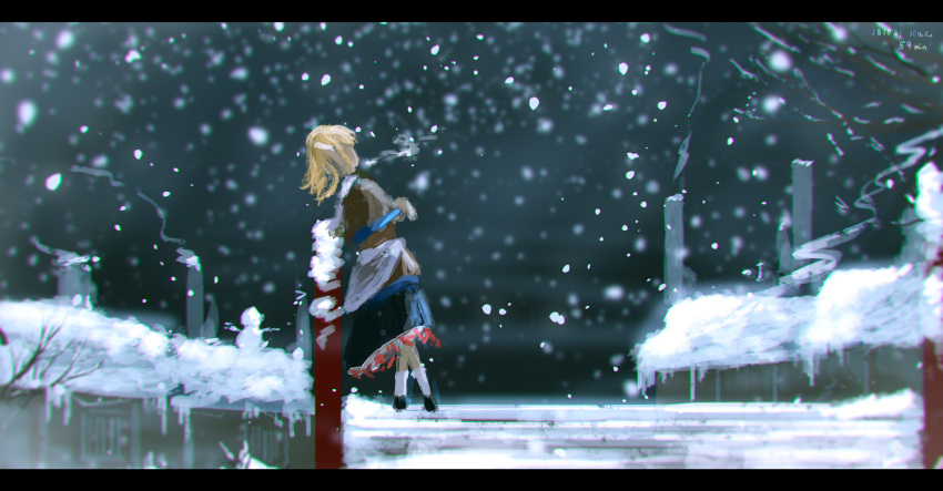 1girl absurdres bare_tree black_footwear blonde_hair blue_skirt breath bridge building chimney from_side highres layered_clothing lfacras looking_afar mizuhashi_parsee outdoors pointy_ears scarf sketch skirt smoke snow solo standing touhou tree white_legwear white_scarf winter