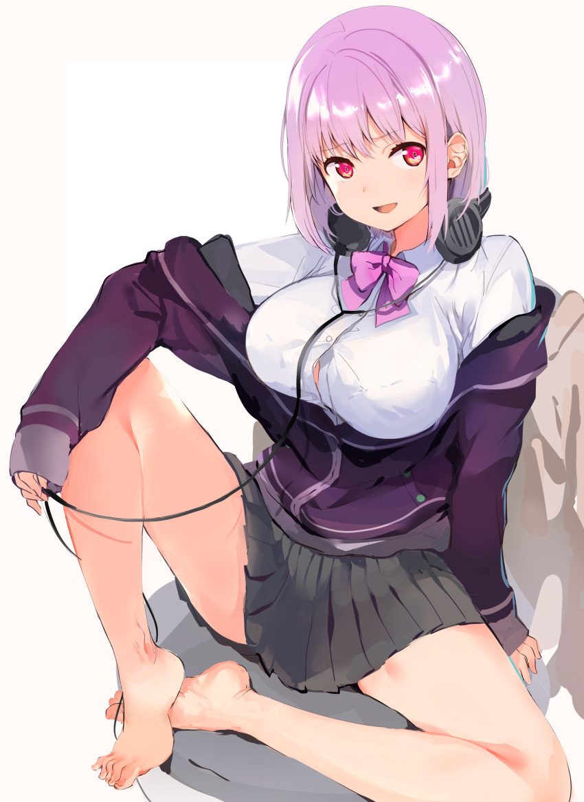 1girl absurdres bangs bow breasts collared_shirt eyebrows_visible_through_hair headphones highres jacket konbu_wakame large_breasts lavender_hair long_sleeves looking_at_viewer no_legwear off_shoulder pink_bow pink_hair purple_jacket red_eyes school_uniform shinjou_akane shirt short_hair skirt smile solo ssss.gridman white_shirt