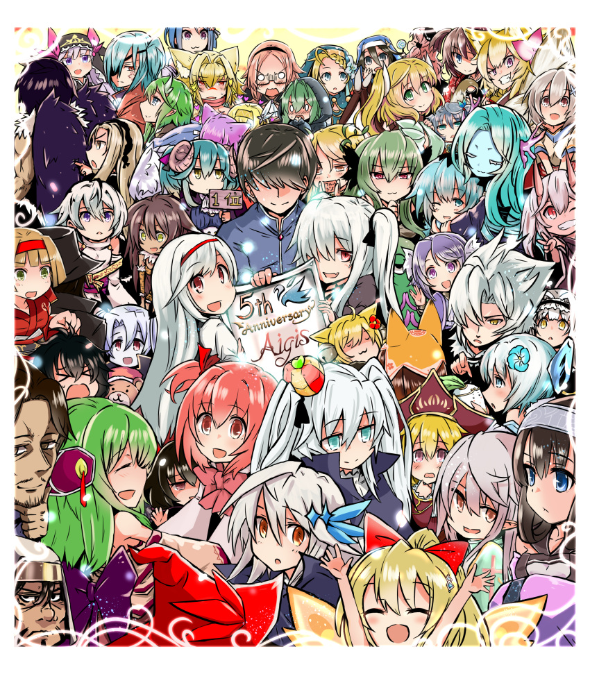 &gt;_&lt; 5boys 6+girls :3 :d :o absurdres ada_(sennen_sensou_aigis) aigis_(sennen_sensou_aigis) animal_ears anna_(sennen_sensou_aigis) aqua_hair beard bella_(sennen_sensou_aigis) black_hair blonde_hair blue_eyes blue_hair blush brown_eyes brown_hair carrie_(sennen_sensou_aigis) cat_ears character_request copyright_name dark_skin dark_skinned_male eden_(sennen_sensou_aigis) emperor_(sennen_sensou_aigis) everyone eyepatch facial_hair facing_away green_eyes green_hair grey_hair grin hashim_(sennen_sensou_aigis) highres horns iiris_(sennen_sensou_aigis) jerome_(sennen_sensou_aigis) katie_(sennen_sensou_aigis) kibahime koko_(hm142533) kurissa_(sennen_sensou_aigis) light_brown_hair long_hair looking_at_viewer maurette_(sennen_sensou_aigis) multiple_boys multiple_girls mustache oni_horns open_mouth pink_eyes pink_hair poking prince_(sennen_sensou_aigis) purple_hair rean_(sennen_sensou_aigis) red_eyes red_headband redhead sennen_sensou_aigis short_hair side_ponytail silver_hair smile standing stuffed_animal stuffed_toy sybilla teddy_bear twintails white_hair