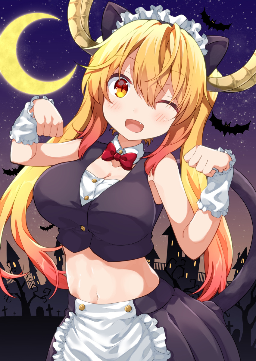 1girl ;d absurdres animal_ears apron bare_shoulders bat blonde_hair bow bowtie cat_ears cat_tail commentary crescent_moon crop_top fang gradient_hair hair_between_eyes halloween highres horns kobayashi-san_chi_no_maidragon long_hair looking_at_viewer maid maid_headdress midriff miyabi_(miyabeeya) moon multicolored_hair navel night night_sky one_eye_closed open_mouth orange_eyes paw_pose red_neckwear redhead sky sleeveless smile solo tail tooru_(maidragon) twintails waist_apron wrist_cuffs