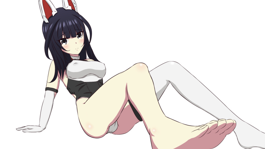1girl agatsuma_kaede alice_gear_aegis animal_ears arm_support bangs bare_shoulders black_eyes black_hair black_leotard blunt_bangs blush breasts closed_mouth commentary_request elbow_gloves erect_nipples eyebrows_visible_through_hair gloves headgear highres leaning_back leotard long_hair looking_at_viewer panettone shiny shiny_skin single_thighhigh sitting solo thigh-highs white_background white_gloves white_legwear