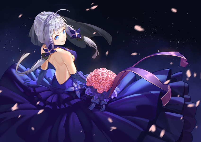 1girl ahoge azur_lane back backless_dress backless_outfit bangs bare_shoulders blue_dress blue_eyes blue_gloves blush bouquet breasts dress elbow_gloves eyebrows_visible_through_hair floating_hair flower gloves hair_ornament halter_dress holding holding_bouquet illustrious_(azur_lane) large_breasts long_hair looking_at_viewer looking_back low_twintails petals ribbon shoulder_blades smile solo tiara twintails white_hair whitecrow4444