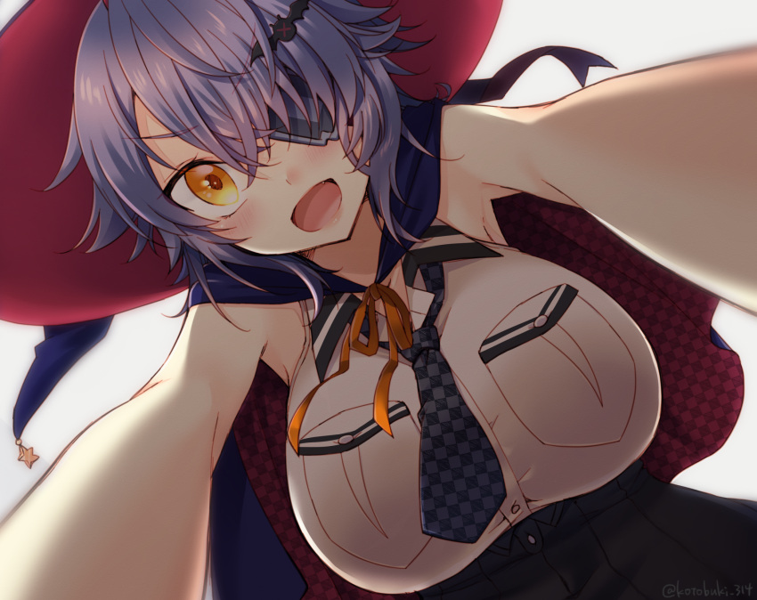 1girl alternate_costume bat_hair_ornament black_skirt blush breast_pocket breasts brown_eyes checkered checkered_neckwear collared_shirt eyebrows_visible_through_hair eyepatch hair_ornament halloween hat highres kantai_collection kotobuki_(momoko_factory) large_breasts looking_at_viewer necktie open_mouth pocket shirt skirt smile solo tenryuu_(kantai_collection) upper_body witch_hat