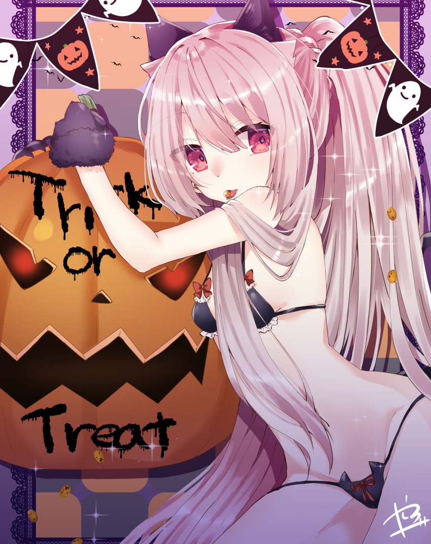 1girl abe_suke absurdres animal_ear_fluff animal_ears bangs bare_shoulders black_bra black_panties blush bow bow_bra bra breasts candy cat_ear_panties cat_ears commentary_request cookie eyebrows_visible_through_hair food frilled_bra frills ghost gloves hair_between_eyes highres jack-o'-lantern long_hair original panties paw_gloves paws pennant pink_hair red_bow red_eyes red_ribbon ribbon small_breasts solo string_of_flags string_panties tongue tongue_out trick_or_treat underwear underwear_only very_long_hair