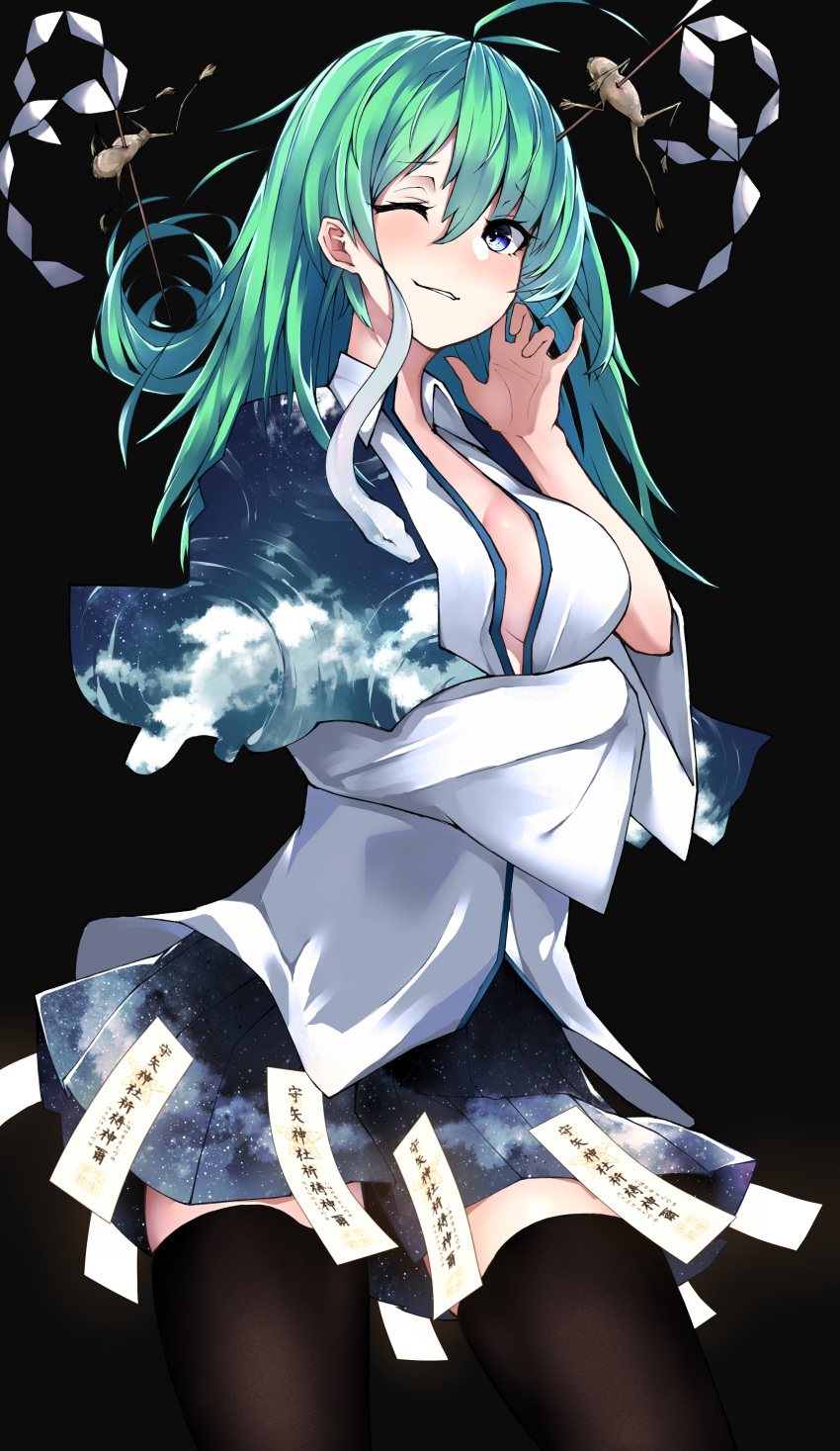 1girl absurdres arrow black_background black_legwear blue_eyes blue_skirt breasts capelet clouds collared_shirt commentary_request cowboy_shot frog gohei green_hair hair_between_eyes hand_up highres kochiya_sanae long_hair looking_at_viewer medium_breasts migata miniskirt no_bra one_eye_closed oonusa open_clothes open_shirt ripples shide shirt simple_background skirt smile snake solo standing starry_sky_print thigh-highs touhou translation_request white_shirt wide_sleeves wing_collar zettai_ryouiki
