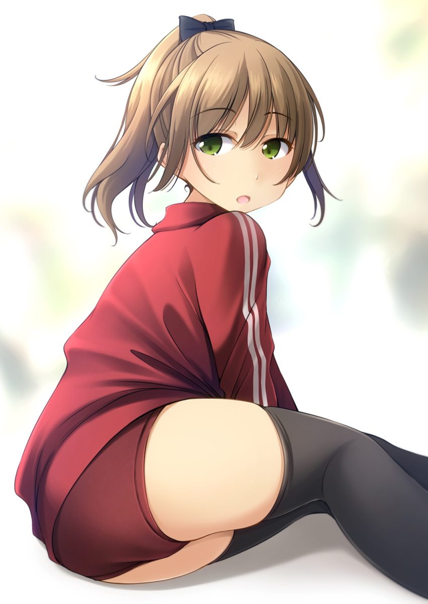 1girl :o ass bangs black_bow blurry blurry_background blush bow buruma commentary_request depth_of_field eyebrows_visible_through_hair green_eyes grey_legwear gym_uniform hair_between_eyes hair_bow high_ponytail highres jacket light_brown_hair looking_at_viewer looking_back open_mouth original ponytail red_buruma red_jacket shibacha solo thigh-highs track_jacket