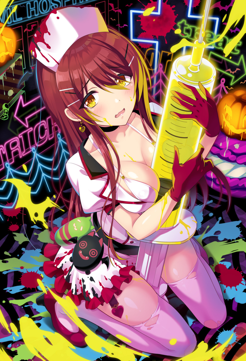 1girl bangs between_breasts blood bloody_clothes blush bra breasts brown_hair choker cleavage collarbone commentary_request dress earrings eyebrows_visible_through_hair frilled_dress frills from_above gloves hair_between_eyes hair_ornament hairclip halloween hat highres idolmaster idolmaster_shiny_colors jewelry kneeling long_hair looking_at_viewer looking_up medium_breasts nurse nurse_cap oosaki_tenka open_mouth pink_legwear puffy_short_sleeves puffy_sleeves red_gloves short_dress short_sleeves solo syringe thigh-highs torn_clothes torn_legwear underwear urabi_(tomatohouse) white_bra white_dress yellow_eyes