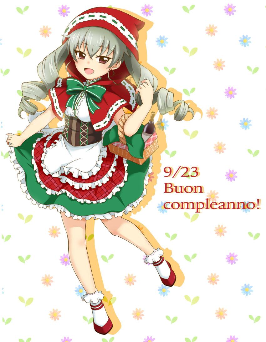 1girl absurdres alternate_costume anchovy artist_name bangs bobby_socks bottle bow bowtie cape carrying commentary corset cosplay dated dress drill_hair eyebrows_visible_through_hair flats floral_background frilled_dress frills girls_und_panzer green_dress green_hair green_neckwear happy_birthday highres italian layered_dress little_red_riding_hood_(grimm) little_red_riding_hood_(grimm)_(cosplay) long_hair looking_at_viewer medium_dress open_mouth parda_siko picnic_basket red_cape red_dress red_eyes red_footwear red_hood shadow shoes signature smile socks solo standing twin_drills twintails two-tone_dress white_legwear wine_bottle