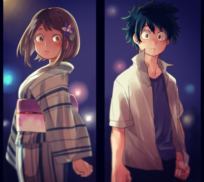 1boy 1girl blush boku_no_hero_academia brown_eyes brown_hair flower freckles green_eyes green_hair hair_flower hair_ornament japanese_clothes kimono looking_at_viewer messy_hair midoriya_izuku otojirou short_hair uraraka_ochako