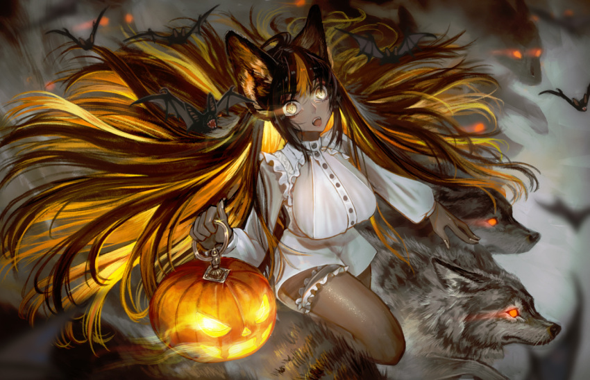 1girl animal animal_ear_fluff animal_ears bangs bat big_hair blonde_hair breasts brown_hair commentary_request dark_skin dress eyebrows_visible_through_hair fingernails glowing halloween holding jack-o'-lantern large_breasts leg_garter long_hair long_sleeves looking_at_viewer multicolored_hair open_mouth original otaota red_eyes solo two-tone_hair very_long_hair white_dress wolf wolf_ears yellow_eyes