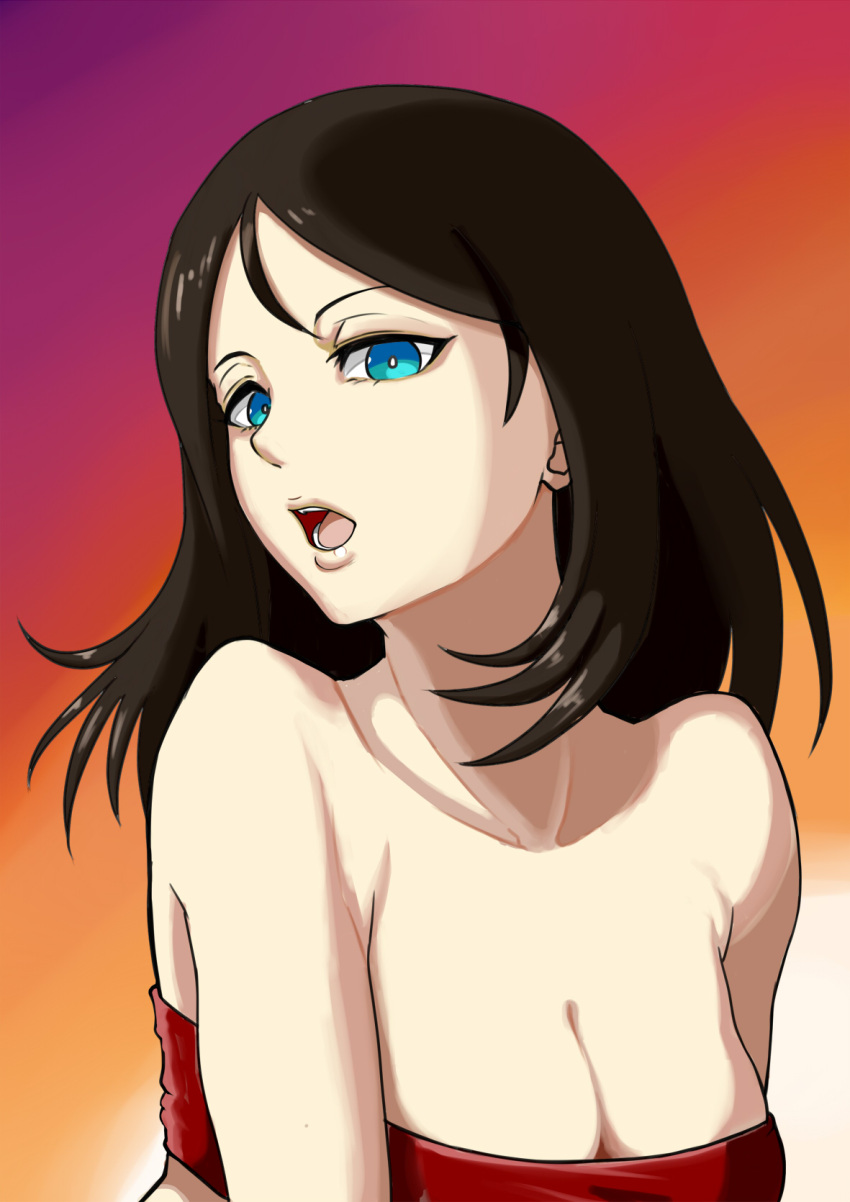 1girl bangs bare_shoulders black_hair blue_eyes breasts casual cleavage commentary girls_und_panzer gradient gradient_background half-closed_eyes highres lips long_hair looking_at_viewer medium_breasts multicolored multicolored_background nonna open_mouth red_shirt ringer3727 shirt smile solo strapless swept_bangs tubetop upper_body white_pupils
