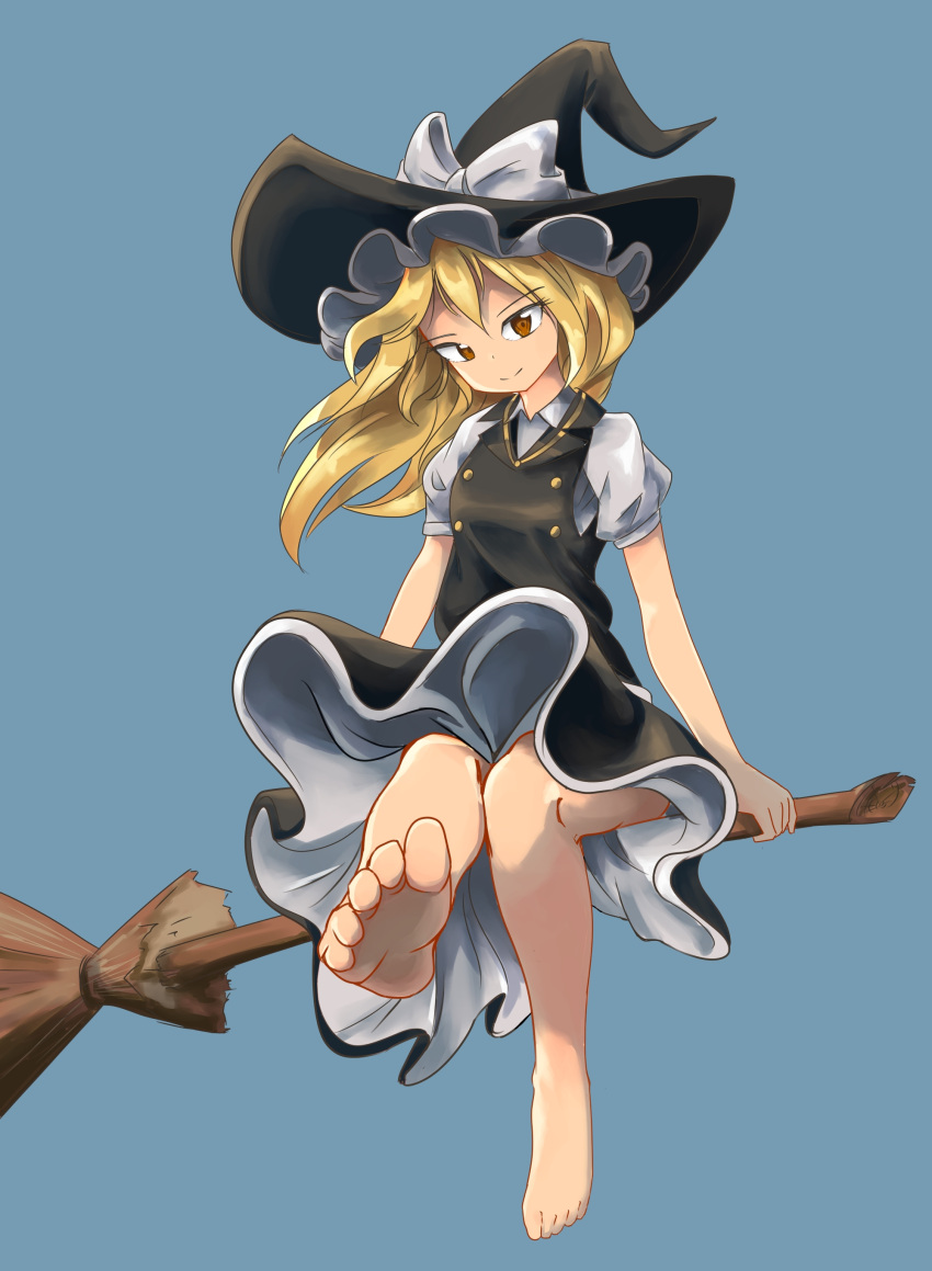 1girl absurdres barefoot black_skirt blonde_hair broom broom_riding buttons feet hat hat_ribbon highres kirisame_marisa pompmaker1 ribbon simple_background sitting skirt smile soles solo toes touhou witch_hat