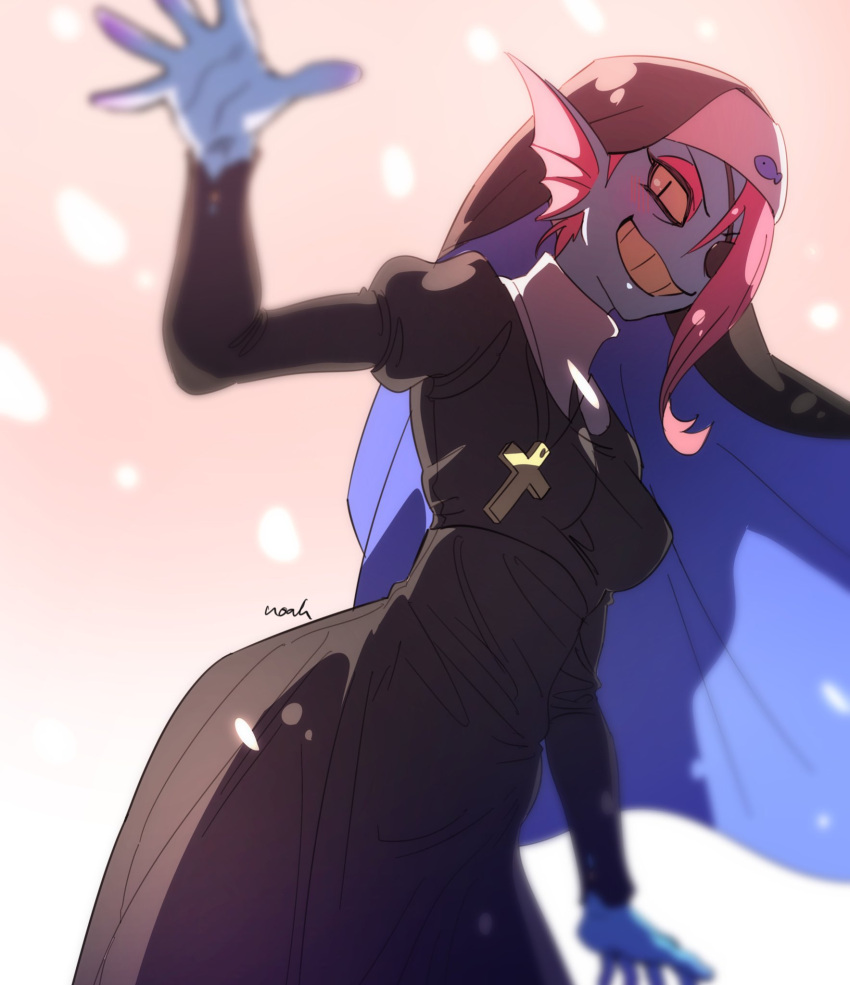 1girl blue_skin blush cross cross_necklace eyepatch eyeshadow habit head_fins highres jewelry long_hair monster_girl necklace noaharbre nun ponytail red_eyeshadow redhead robe safety_pin sharp_teeth simple_background slit_pupils smile solo teeth undertale undyne yellow_sclera