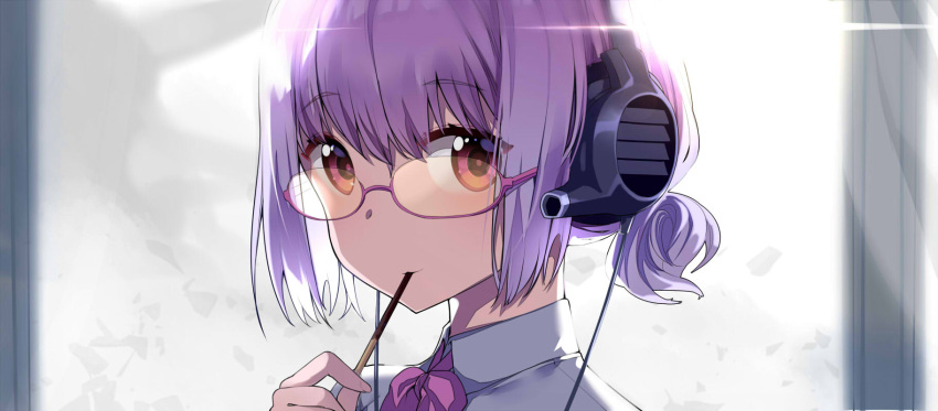 bangs blush bow bowtie closed_mouth collared_shirt day eating eyebrows_visible_through_hair food gendo0032 glasses headphones highres indoors lens_flare looking_at_viewer low_ponytail pink-framed_eyewear pink_bow pink_eyes pink_neckwear pocky portrait purple_hair semi-rimless_eyewear shinjou_akane shirt short_hair sidelocks smile ssss.gridman sunlight symbol_commentary under-rim_eyewear white_shirt window yellow-tinted_eyewear