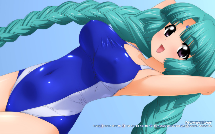 1girl armpits arms_behind_head blue_background blue_swimsuit braid breasts calendar_(medium) canal_vorfeed collarbone competition_swimsuit cowboy_shot dutch_angle facial_mark forehead_mark gradient gradient_background green_hair highres large_breasts long_hair lost_universe november one-piece_swimsuit open_mouth smile solo sugimura_tomokazu swimsuit twin_braids violet_eyes wallpaper