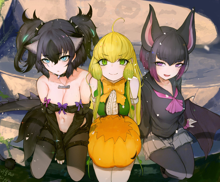 3girls animal_ears bare_shoulders bat_ears bat_girl bat_wings beltbra black_hair blonde_hair blue_eyes blue_hair blush bow bowtie cape center_frills cerberus_(kemono_friends) collar collarbone commentary common_vampire_bat_(kemono_friends) cutoffs dnsdltkfkd dog_ears dog_tail elbow_gloves eyebrows_visible_through_hair fang fingerless_gloves gloves green_eyes green_hair hat hat_removed headwear_removed highres jack-o'-lantern_(kemono_friends) kemono_friends lizard_tail long_hair long_sleeves low_twintails midriff multicolored_hair multiple_girls name_tag navel neckerchief pantyhose pleated_skirt pumpkin_hat purple_hair sailor_collar scar scar_across_eye school_uniform serafuku short_hair sitting skirt sleeveless spiked_collar spikes tail thigh_strap twintails vest violet_eyes wings