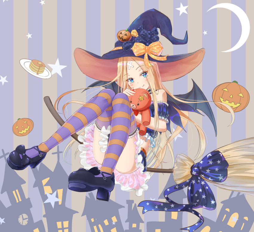 1girl abigail_williams_(fate/grand_order) alternate_costume bangs bare_shoulders black_bow black_footwear blonde_hair blue_bow blue_eyes blue_shirt blue_skirt blue_sleeves blush bow broom building closed_mouth commentary_request crescent_moon crossed_bandaids detached_sleeves eyebrows_visible_through_hair fate/grand_order fate_(series) food frilled_shirt frilled_skirt frills full_body halloween hat hat_bow head_tilt high_heels highres jack-o'-lantern licking_lips long_hair looking_at_viewer mary_janes moon pancake parted_bangs plate pleated_skirt print_bow puffy_short_sleeves puffy_sleeves purple_hat sakazakinchan shirt shoes short_sleeves skirt smile solo stack_of_pancakes star star_print striped striped_background striped_legwear thigh-highs tongue tongue_out vertical-striped_background vertical_stripes very_long_hair witch_hat