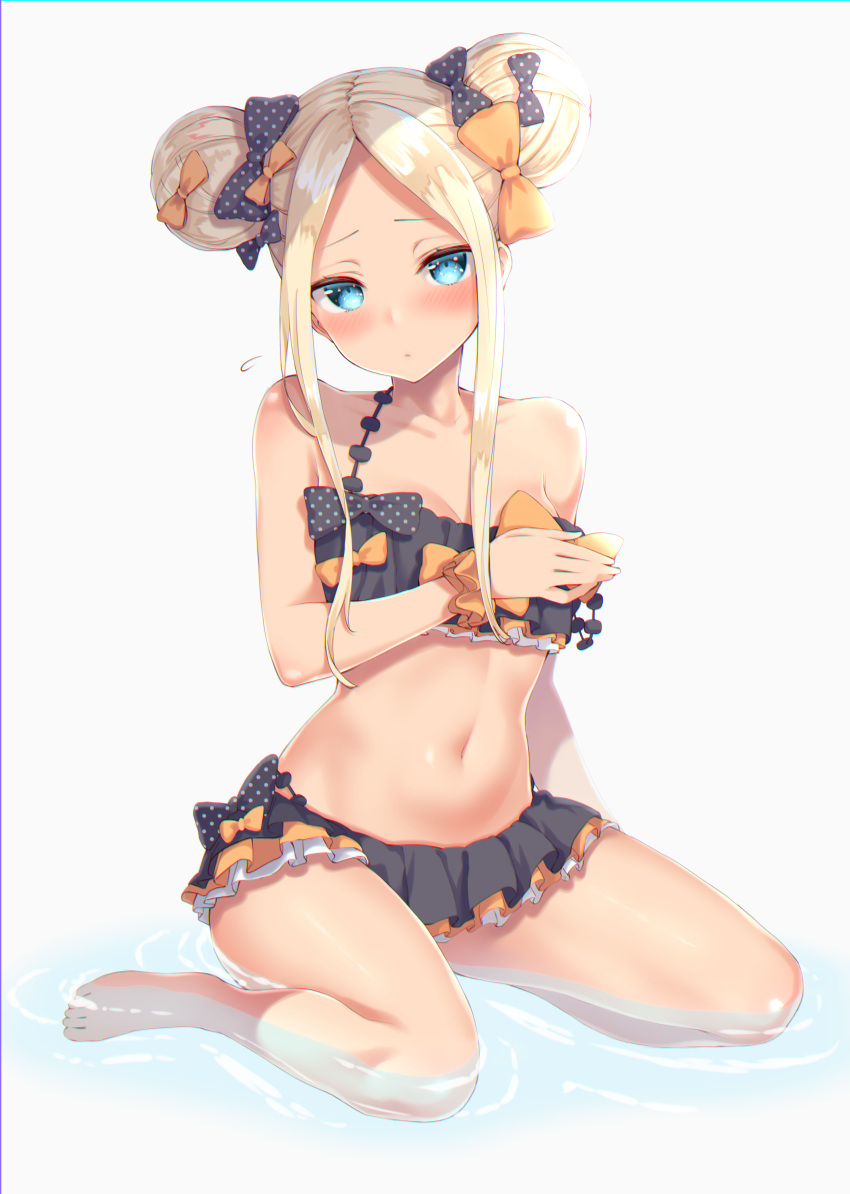 1girl abigail_williams_(fate/grand_order) absurdres bangs bare_shoulders barefoot bikini black_bikini black_bow blonde_hair blue_eyes blush bow breast_hold breasts closed_mouth collarbone double_bun emerald_float fate/grand_order fate_(series) feet flying_sweatdrops forehead frilled_bikini frills hair_bow highres izure_(pixiv16392012) legs long_hair looking_at_viewer miniskirt navel orange_bow parted_bangs polka_dot polka_dot_bow simple_background sitting skirt small_breasts solo strap_slip swimsuit thighs waist wariza water white_background